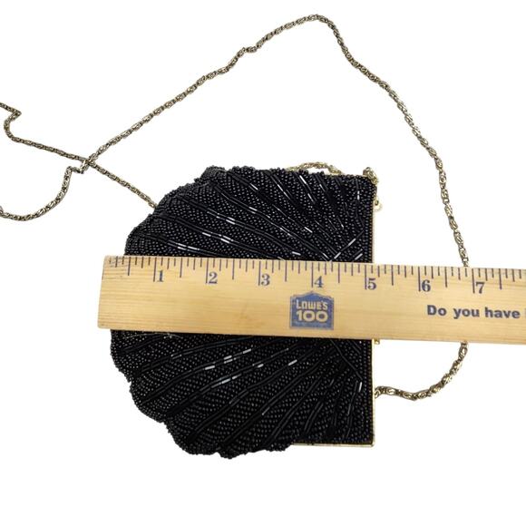 VTG BLACK HAND BEADED EVENING PURSE BAD CLUTCH CLAM SHELL DATE WEDDING PROM GOLD - Picture 3 of 13
